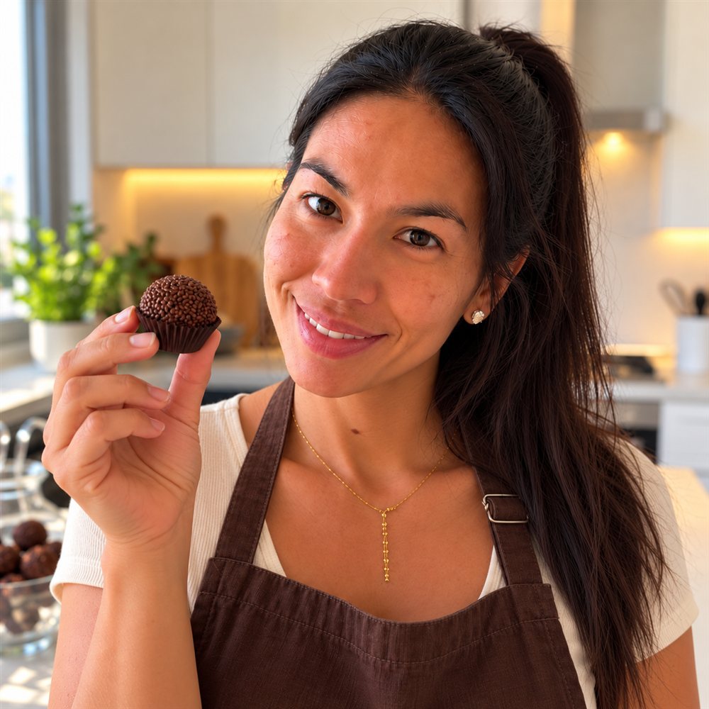 Carol sorrindo para a câmera na cozinha de casa, segurando um brigadeiro de chocolate entre os dedos