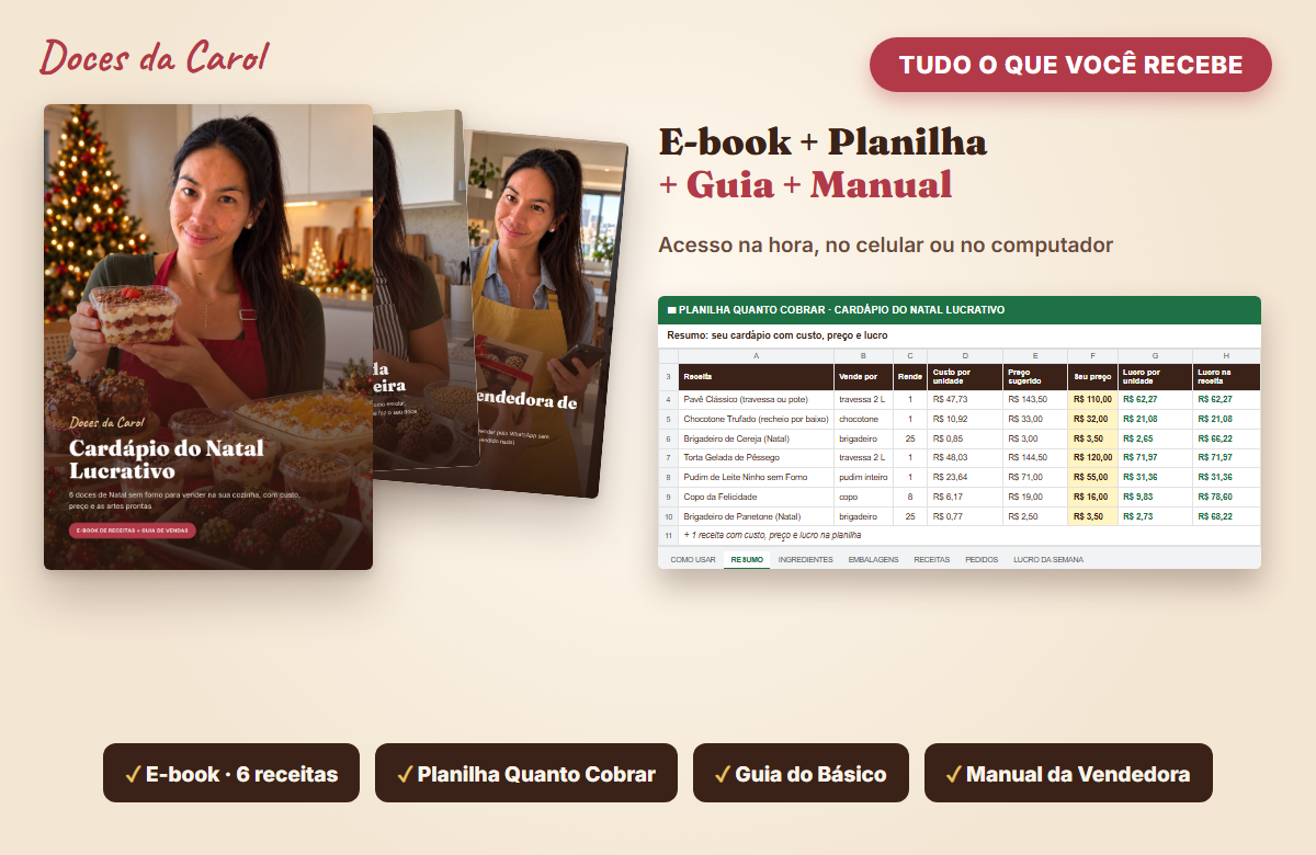 Todos os materiais do Cardápio do Natal Lucrativo: e-book, planilha Quanto Cobrar, guia e bônus