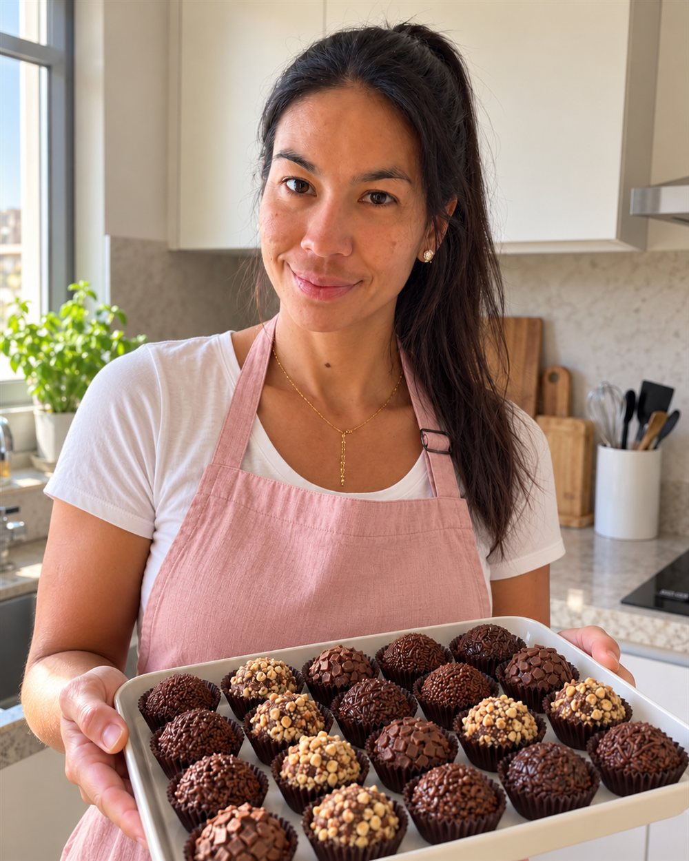 Carol segurando com as duas mãos uma travessa de brigadeiros e trufas em forminhas de papel